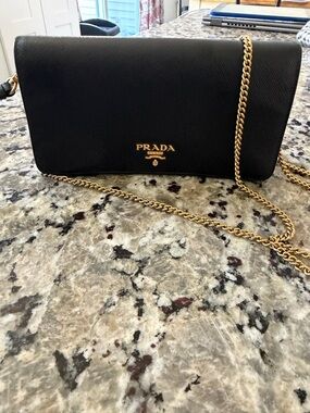 Prada Black Saffiano Leather Crossbody with Gold Chain
